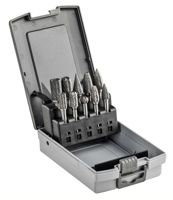 Set of solid carbide rotary burrs, cutting profile MX