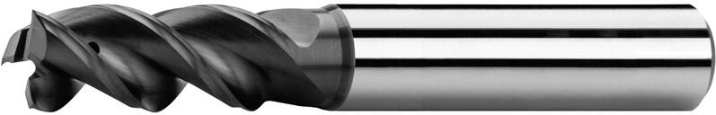 End mills long with corner radius and coolant holes, 1 tooth cut over centre, 44°-46°, type W, plain shank, coating ta-C