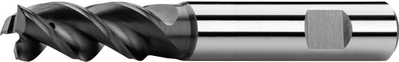 End mills long with corner radius and coolant holes, 1 tooth cut over centre, 44°-46°, type W, Weldon shank, coating ta-C