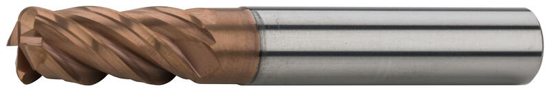 End mills long with corner radius, 2 teeth cut to centre, 40°-42°, type N, plain shank, coating AlCr