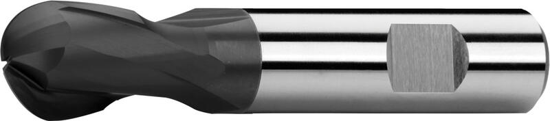 Ball nose end mills short, 2-fluted, 25°, Weldon shank, coating AlTiN