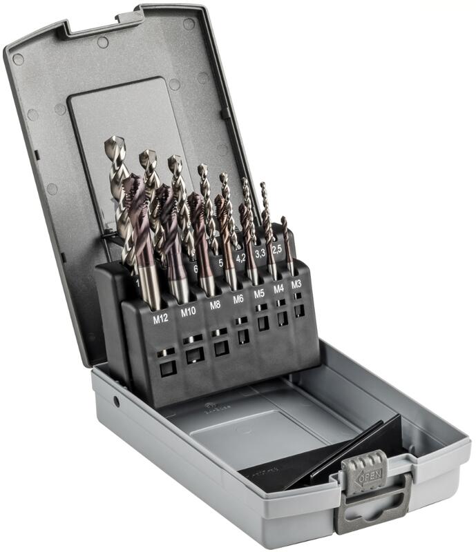 Set of machine taps, universal, λ 40°, coating TiCN + Drills DIN338